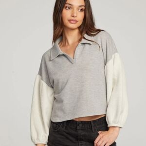Chaser Saratoga Heather Grey Pullover Top Sweatshirt Cotton Terry Polo V Neck L